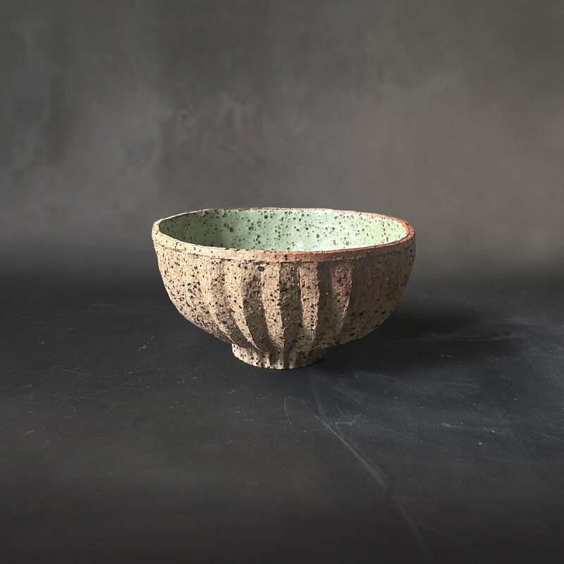 Hand-built and carved pleated BRT bowl with matt moss glaze.